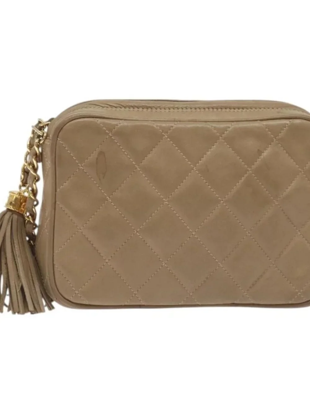 CHANEL Matelasse Chain Shoulder Bag Lamb Skin Beige Gold CC Auth 127575